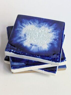Crushed Crackle Fused Glass Pottery Tile Coasters Candle Base Geode 4"